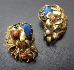 真珠ラピス珊瑚の花イヤリング