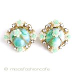 パール＆グリーンガラス　 フラワー　イヤリング