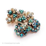 ヴィンテージジュエリー 青緑パールRS花ブローチ