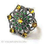 アンティークリング　花 エメラルド＆シトリン