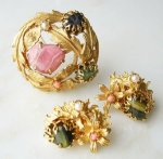 真珠・ラピス・珊瑚･ヒスイ・金 ブローチ・イヤリングセット