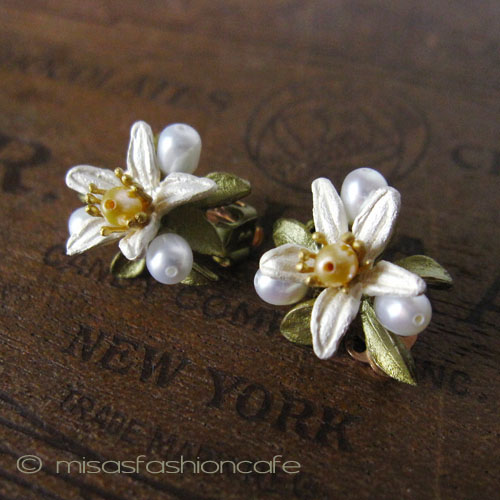 （画像用） Michaudイヤリング　再販 　オレンジの花　真珠