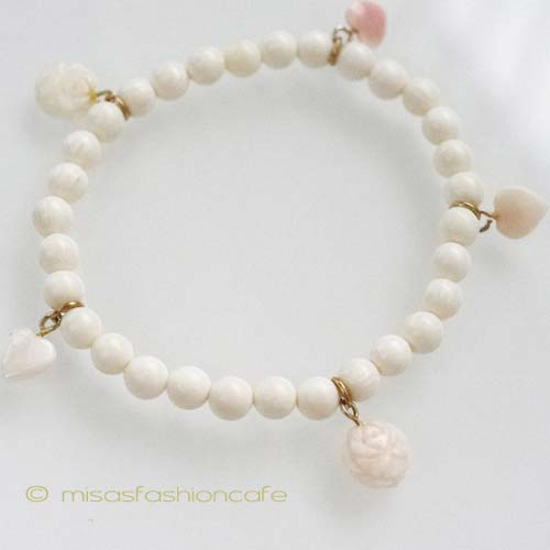 （画像用） 本象牙と天然珊瑚・天然石　 ハート＆お花のブレスレット