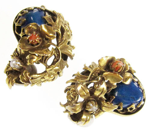 （画像用） 真珠ラピス珊瑚の花イヤリング