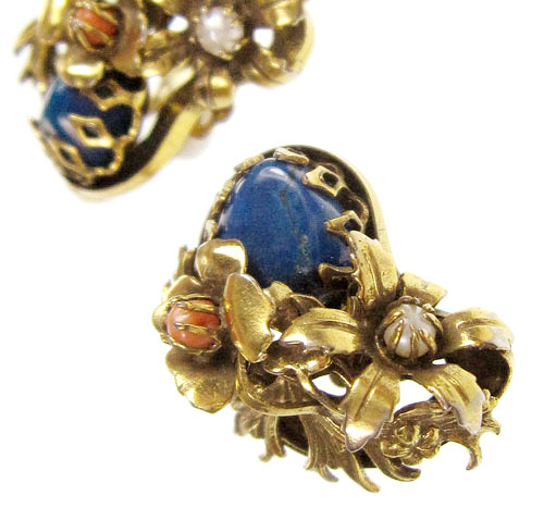 （画像用） 真珠ラピス珊瑚の花イヤリング