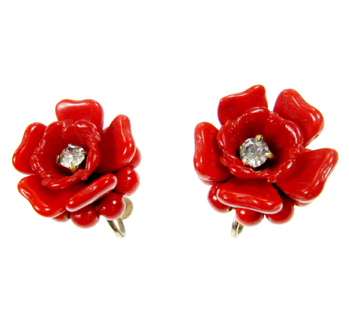 （画像用） レッドグラス お花イヤリング