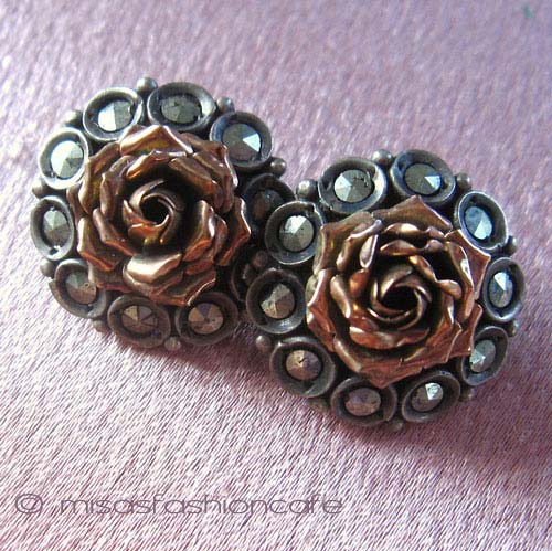 （画像用） アンティーク銀製イヤリング 10Kローズ・マーカサイト