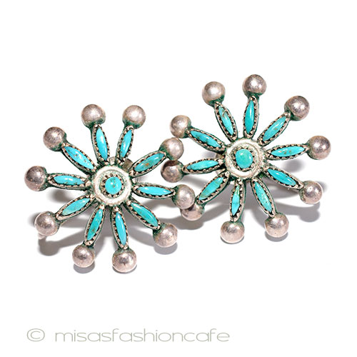 （画像用） ターコイズ・銀製の花 Sterling　イヤリング 