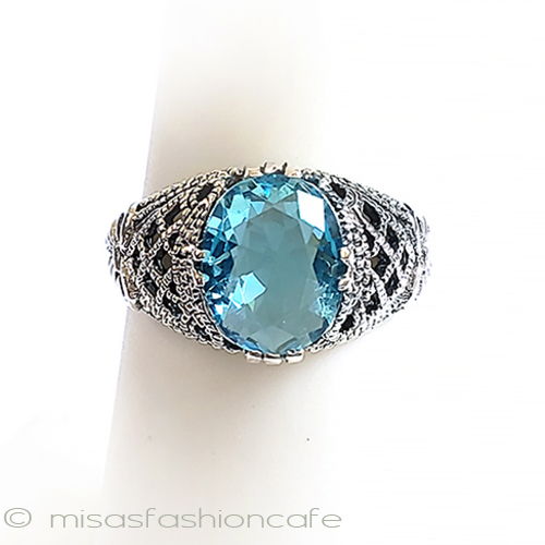 （画像用） アクアマリン　リボン　 スターリング刻印リング