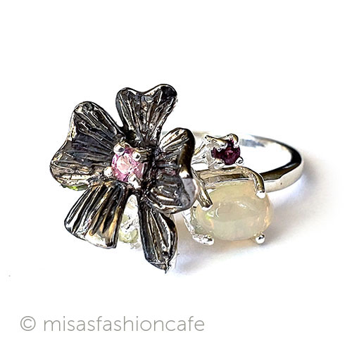 （画像用） アンティークリング指輪 オパール＆トルマリンの花