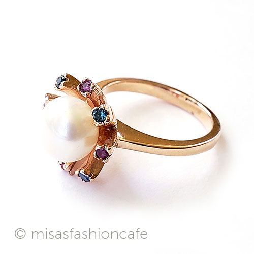 （画像用） 真珠と天然石サファイヤ アンティークリング指輪