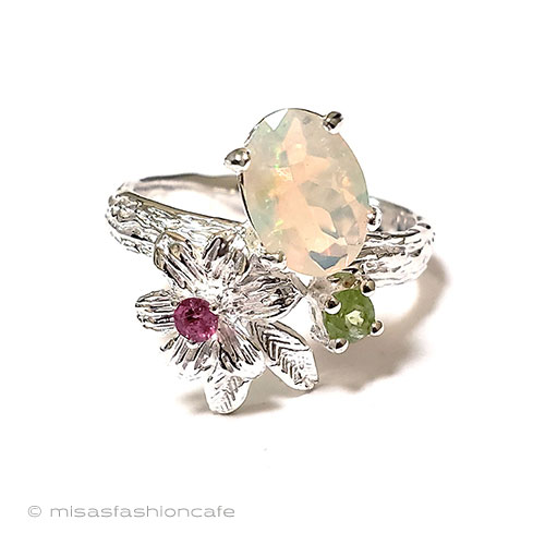 （画像用） 天然オパール花リング スターリング銀製指輪