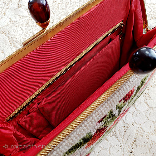 （画像用） ビンテージバッグ（大） 苺イチゴ刺繍プチポアン