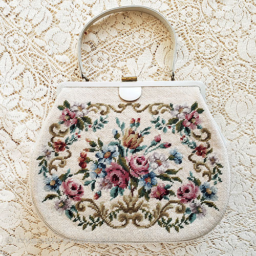 ヴィンテージ　バッグ プチポアン花刺繍　特大！ - ウインドウを閉じる