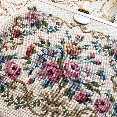（画像用） ヴィンテージ　バッグ プチポアン花刺繍　特大！