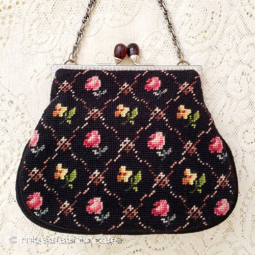 ビンテージバッグ（大） ローズ花プチポアン刺繍 - ウインドウを閉じる