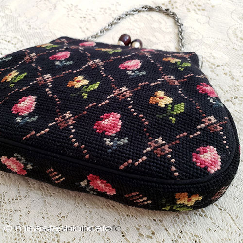 （画像用） ビンテージバッグ（大） ローズ花プチポアン刺繍