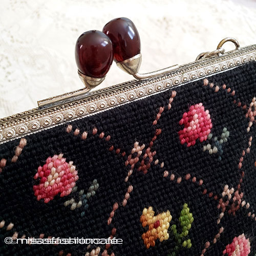 （画像用） ビンテージバッグ（大） ローズ花プチポアン刺繍