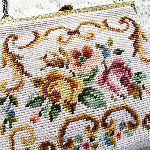 （画像用） ビンテージバッグ　ローズ プチポアン　お花刺繍