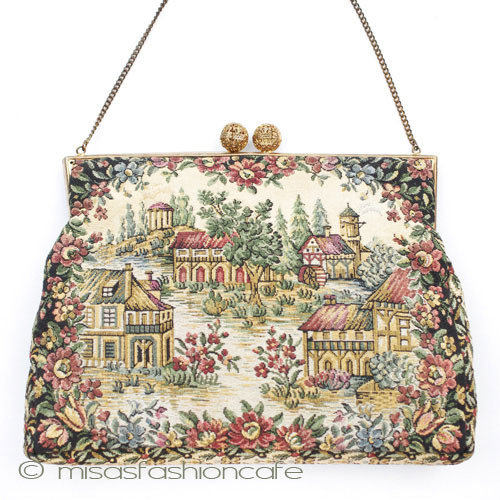 ヴィンテージバッグ　 仏製　花と町並み刺繍 - ウインドウを閉じる