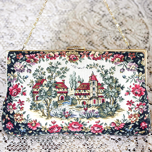 ヴィンテージバッグ　仏製 お花と家刺繍　陶器金具 - ウインドウを閉じる