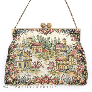 ヴィンテージバッグ　 仏製　花と町並み刺繍
