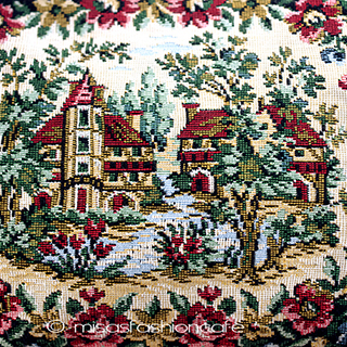 ヴィンテージ刺繍バッグ タペストリー　お花と家