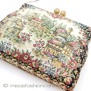 ヴィンテージバッグ　 仏製　花と町並み刺繍