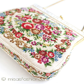 ヴィンテージ　バッグ 総刺繍花 プチポアン